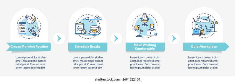 Home Office, Remote Work Tips Vector Infographic Template. Schedule, Workplace Presentation Design Elements. Data Visualization With 4 Steps. Process Timeline Chart. Workflow Layout With Linear Icons