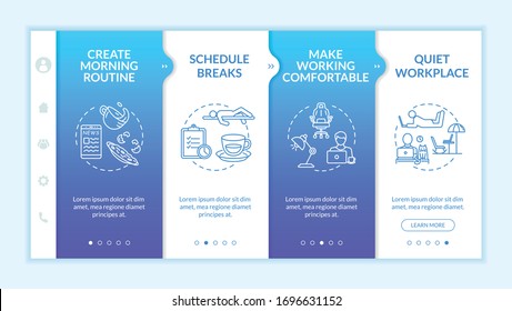 Home office, remote work tips onboarding vector template. Morning routine creating, breaks, quiet workplace. Responsive mobile website with icons. Webpage walkthrough step screens. RGB color concept