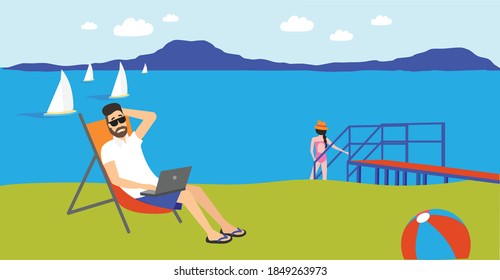 Home office remote working at the beach