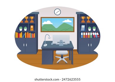 Habitación de oficina doméstica con ordenador en una Ilustración vectorial de escritorio.