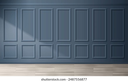 Home or office room interior design with classic panel, light and shadow on blue wall, wooden floor. Realistic 3d vector illustration background of traditional inside architecture molding decoration.