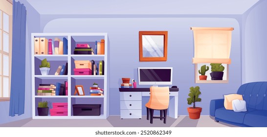 Home office room interior. Desk with computer, large bookcase and sofa. Remote work online. Cartoon vector banner or background of gaming environment.