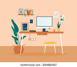 Home office room interior vector flat illustration