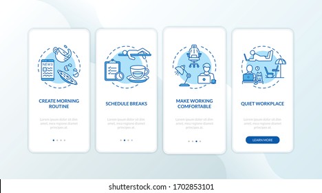 Home office rules onboarding mobile app page screen with concepts. Schedule and quiet workplace walkthrough 4 steps graphic instructions. UI vector template with RGB color illustrations