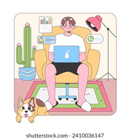 Home office scenario. Young man focuses on his laptop, with attentive Corgi laying by, surrounded by vibrant indoor elements. Comfy workspace. Warm lighting. Lush cactus. Flat vector illustration