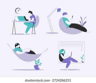 Szenen aus dem Home Office, in denen Charaktere auf Sofas und Schreibtischen im modernen, flachen Stil arbeiten. Ideal für digitale Nomaden, Telearbeit und flexible Arbeitsplatzthemen.