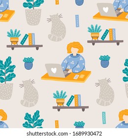Home office seamless pattern with books, shelf, ficus, cat, plants, woman with laptop on beige background. Perfect for wallpaper, wrapping paper, working from home, freelance work. Vector illustration