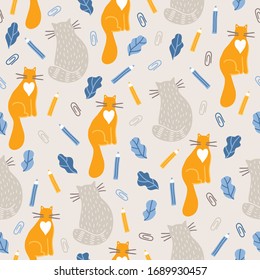 Home office seamless pattern with cat, pencil, ficus leaves, clips on beige background. Perfect for wallpaper, wrapping paper, card, working from home, freelance work. Vector illustration