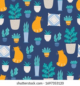 La oficina en el hogar es un patrón sin fisuras con gatos, plantas, almohadas, aloe sobre fondo oscuro. Perfecto para papel pintado, papel envolvente, trabajo desde casa, trabajo independiente. Ilustración del vector