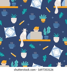 Home office seamless pattern with  cup of tea, pencil, pillow, cat, man with laptop on dark background. Perfect for wallpaper, wrapping paper, working from home, freelance work. Vector illustration
