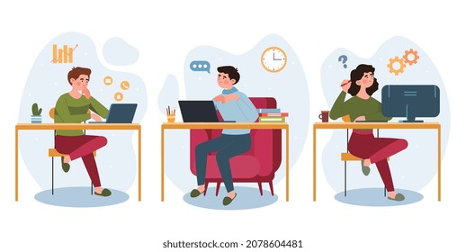 Equipo de oficina residencial. Un lugar de trabajo cómodo. Descanse, entrenando, ganando nuevos conocimientos. Empleado remoto de la empresa de coworking, autónomo. Habitación de apartamento en casa, en línea. Dibujo vectorial plano de dibujos animados