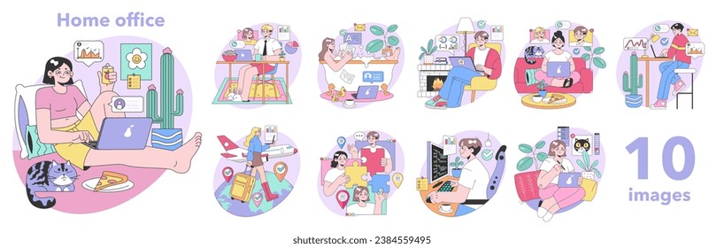 Home office set. Modern telecommuting environment. Professionals at desks, casual workspaces, digital nomads traveling. Pets, laptops, cozy interiors. Virtual meetings. Flat vector illustration.