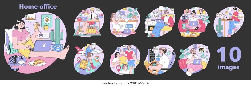 Home office set. Modern telecommuting environment. Professionals at desks, casual workspaces, digital nomads traveling. Pets, laptops, cozy interiors. Virtual meetings. Flat vector illustration.