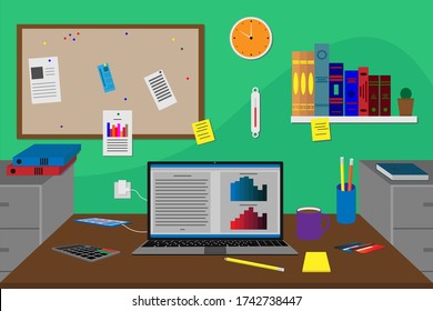 Home office setting of a financial worker with a laptop on their desk viewed from the front flat style vector illustration