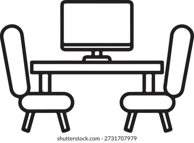 Configuración de la oficina en el hogar con computadora y sillas aisladas sobre fondo blanco, ilustración
