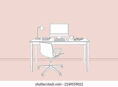 Home Office. Sketch modern office interior. Desk. Outline Vector Illustration. Freelance.