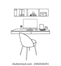 Home Office. Sketch modern office interior. Desk. Outline Vector