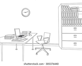 Home Office. Sketch Modern Office Interior. Desk. Outline Vector Illustration. Freelance.