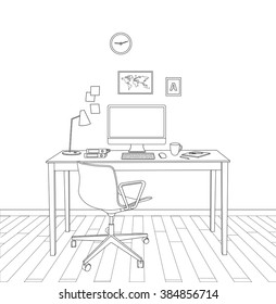 Home Office. Sketch modern office interior. Desk. Outline Vector Illustration. Freelance.