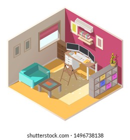Home office in small square room, freelancers apartment workplace interior with three computer monitors at work desk, armchair near coffee table, boxes on rack shelves isometric vector illustration