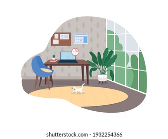 Home Office Space 2D Vector Web Banner, Poster. Remote Job. Freelance Work Break Flat Scene On Cartoon Background. Living Space With Computer On Desk Printable Patch, Colorful Web Element