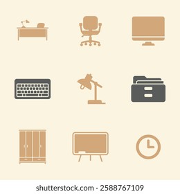 Home Office and Study Icons Set. Editable vector icon. Perfect for web and app interfaces, presentations, info graphics, etc. in a Beige and Gray Color Scheme.
