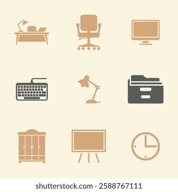 Home Office and Study Icons Set. Editable vector icon. Perfect for web and app interfaces, presentations, info graphics, etc. in a Beige and Gray Color Scheme.
