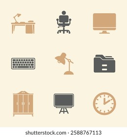 Home Office and Study Icons Set. Editable vector icon. Perfect for web and app interfaces, presentations, info graphics, etc. in a Beige and Gray Color Scheme.
