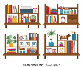 Home office or study room bookshelves with books, decorations, supplies and houseplants. Desk office shelf interior set of wooden desktop organizers with stationary, decor and plants in flowerpots.