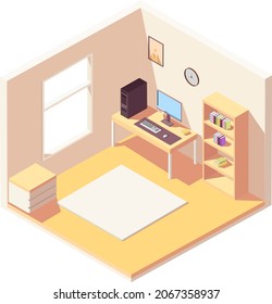 Home office, study room, computer room. includes a desk, clocks, books, and computer. interior vector illustration cabinet 3d suburban isometric illustration. Isolated vector.