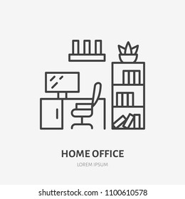 Home Office, Study Room Flat Line Icon. Apartment Furniture Sign, Vector Illustration Of Cabinet Table, Chair, Bookcase. Thin Linear Logo For Interior Store.