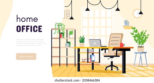 Home office or study room. Office work desk with laptop or computer. Flat modern vector banner design for remote education, teleworking or online job.