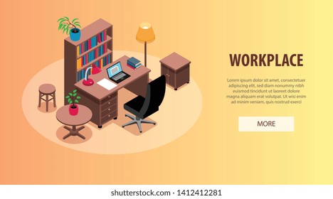 Home office study workplaces interior organization ideas isometric horizontal web banner with desk bookcase lighting vector illustration 