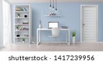 Home office sunny room with simple, white furniture 3d realistic vector interior background. Laptop with blank screen on work desk, bookshelf on blue wall, rack with clock and flowerpots illustration