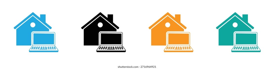 Ministerio del Interior. Símbolo con el ordenador dentro de un icono de la casa. Tecnología inteligente para el hogar y concepto de trabajo remoto. Icono que representa el trabajo remoto desde casa con una persona que usa una computadora portátil dentro de una casa.