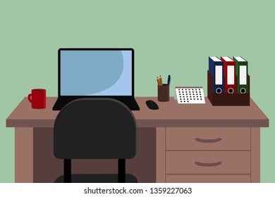 Home office. Table and laptop. Vector illustration.