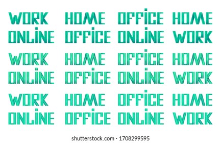 Home office text on white isolated backdrop. Work online sticker set for flyer, info card, website or social banner, remote study or job vacancy, labor exchange. Flat style stock vector illustration