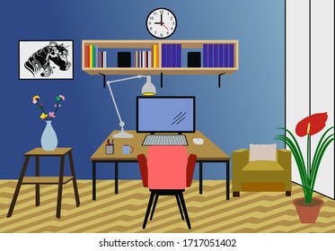 Home office theme. Home office during coronavirus pandemic. Novel coronavirus 2019 .Coffee Cup in foreground. Layers cut