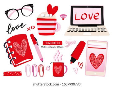 Home office Valentine's Day clipart set with hot drink cappuccino cup, marshmallow, laptop, mobile phone, glasses, planner, text highlighter, pen, paper clip, washi tape roll and love hand lettering.