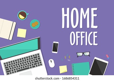 Home office vector concept. Laptop and other objects on a purple background. Top view illustration