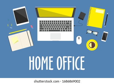 Home office vector concept on a blue background. Top view illustration