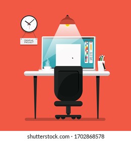 Home Office Vector Flat Design Illustration. Computer on Table with Lamp and Chair. Clock on Wall on Background.