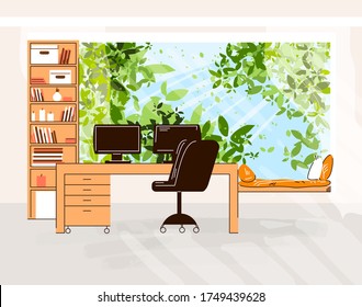 Home Office Vector Flat Illustration of Cozy work desk with computer and monitor, office chair, shelfs with books in front of Outdoor green trees and sun light with rest zone