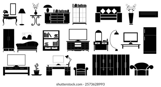 Home and office vector furniture set for decoration and design in black and white.