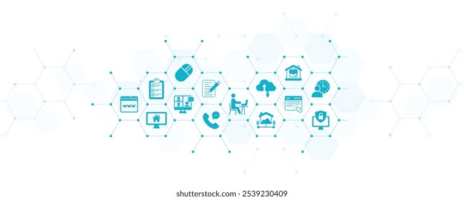 Ilustração vetorial do escritório doméstico. Conceito com ícones conectados relacionados com tecnologia de home office, freelance de negócios, trabalhando a partir de casa