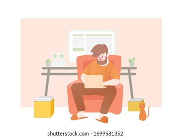 home office vector illustration concept,people work at home in flat style with business cartoon and soft background,character man on table with desk,workplace at home in modern design with computer.