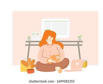 home office vector illustration concept,people work at home in flat style with business cartoon and soft background,character man on table with desk,workplace at home in modern design with computer.