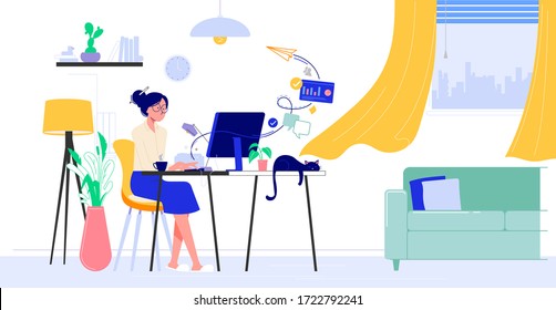 HOME OFFICE vector illustration in flat design. Woman sitting at desk in room, looking at computer screen and talking with colleagues online. Freelancer or blogger home office concept. 