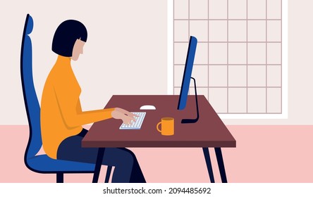 Home office. Vector illustration in flat design. Woman is working on computer at her house