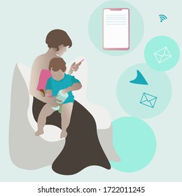 Home Office Vector Illustration. Remote Work With Child. Business Woman With Baby. Mother Freelancer Character. Working From Home. 